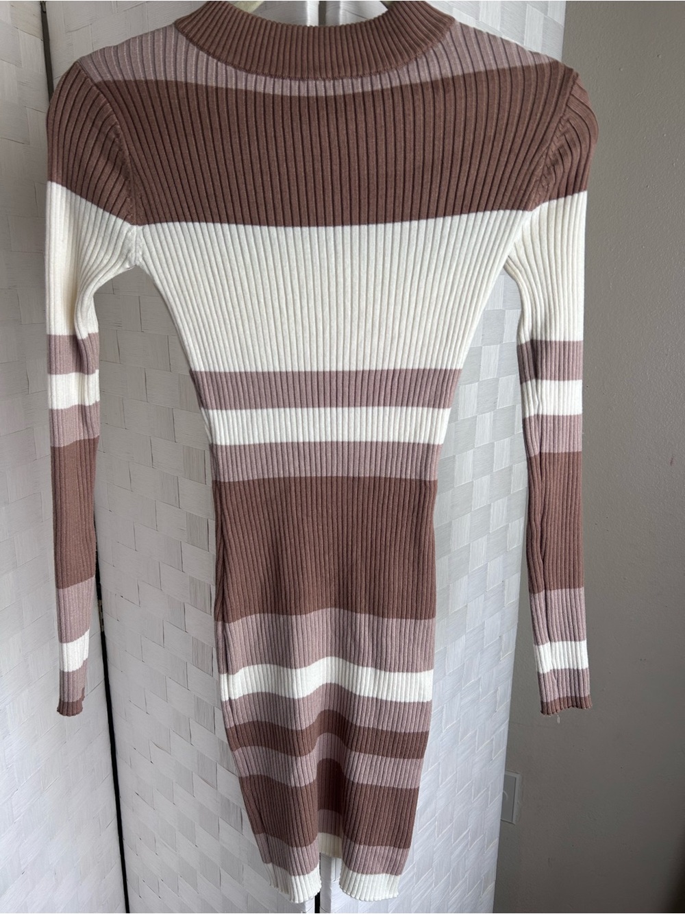 Fashion Nova Ribbed Striped Long Sleeve Bodycon Dress - Taupe, Cream, White